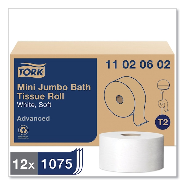 Tork Advanced Jumbo Bath Tissue, Septic Safe, 2-Ply, White, 3.48in x 751 ft, 12PK - 11020602