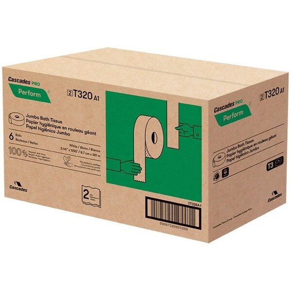 Cascades Pro White 2-Ply Jumbo Toilet Paper Roll, PK6 - T320