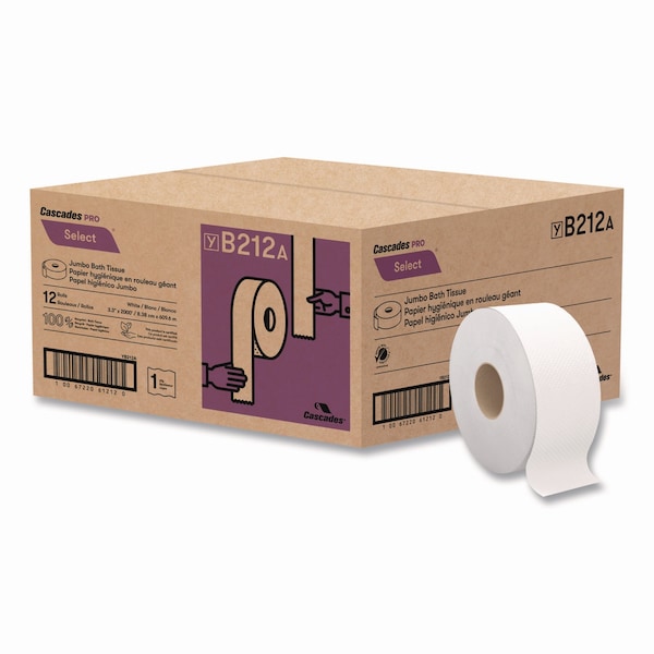 Cascades Pro Select Jumbo Bath Tissue, Septic-Safe, 1-Ply, White, 3.3 in. x 2,000 ft, 12PK - B212