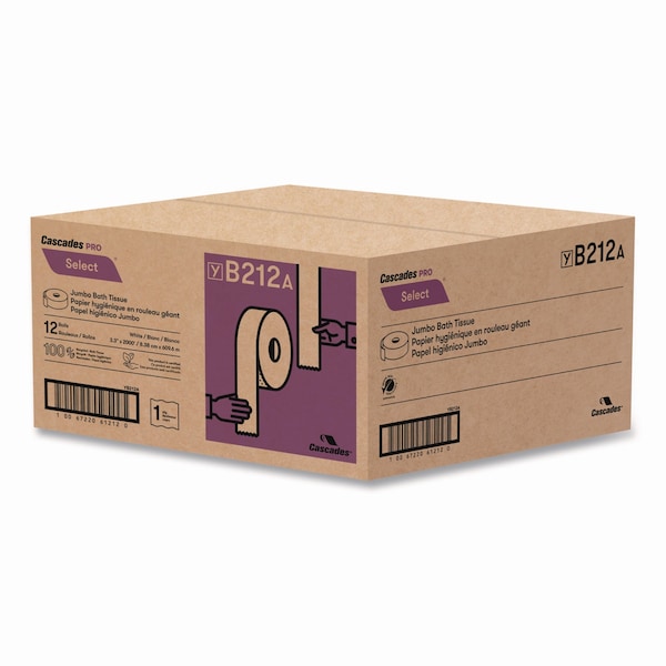 Cascades Pro Select Jumbo Bath Tissue, Septic-Safe, 1-Ply, White, 3.3 in. x 2,000 ft, 12PK - B212