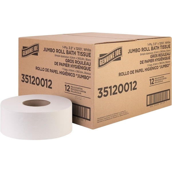 Genuine Joe Jumbo Roll Bath Tissue - 1 Ply - 3.63in x 1200' - 8.88in Roll Diameter - White, 12PK - GJO35120012
