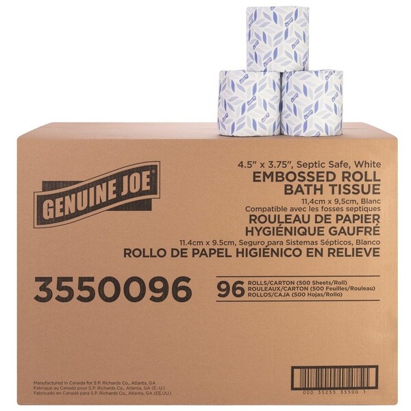 Genuine Joe Bath Tissue - 2 Ply - 4.50in x 3in - White - 500 Sheets Per Roll - 96 / Pack, 96PK - GJO3550096
