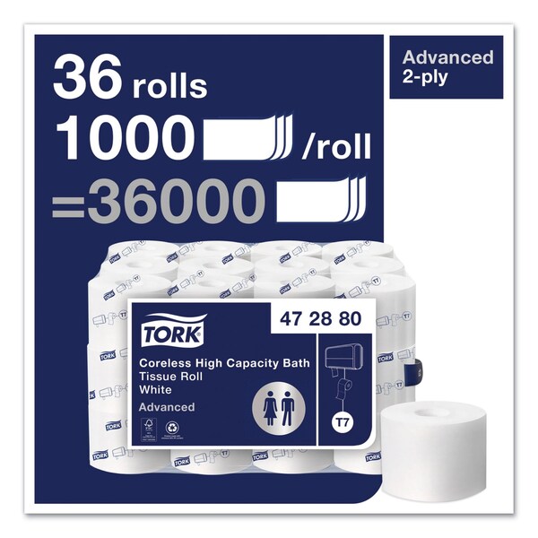 Tork Advanced High Capacity Bath Tissue, Septic Safe, 2-Ply, Coreless, White, 1,000 Sheets/Roll, 36PK - 472880