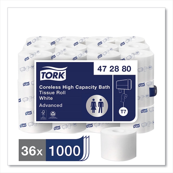 Tork Advanced High Capacity Bath Tissue, Septic Safe, 2-Ply, Coreless, White, 1,000 Sheets/Roll, 36PK - 472880