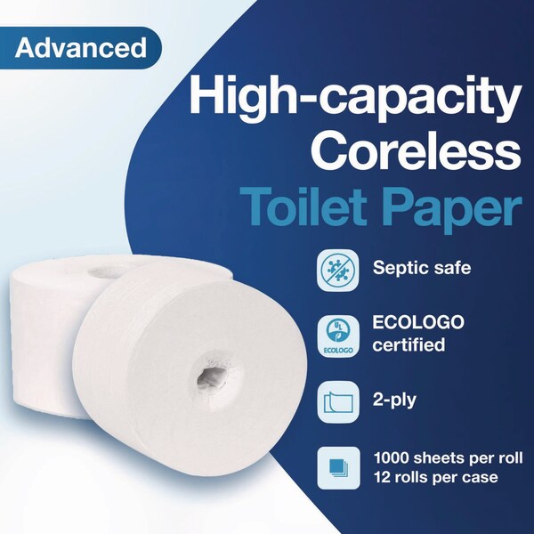Tork Advanced Coreless High Capacity Bath Tissue, 2-Ply, White, 1,000 Sheets/Roll, 12PK - 472881