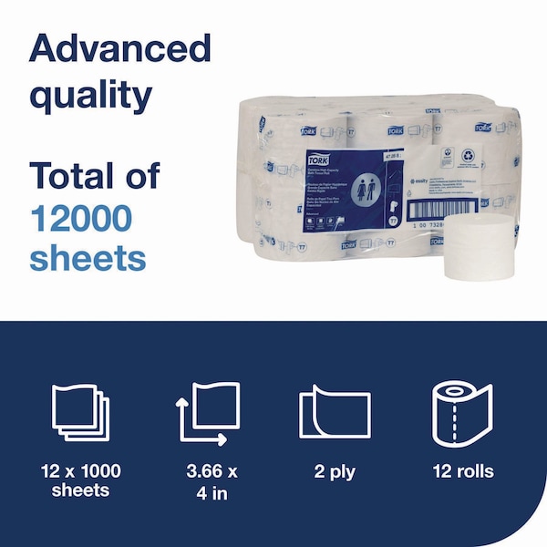 Tork Advanced Coreless High Capacity Bath Tissue, 2-Ply, White, 1,000 Sheets/Roll, 12PK - 472881