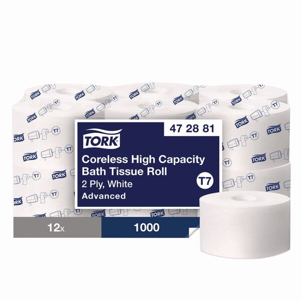 Tork Advanced Coreless High Capacity Bath Tissue, 2-Ply, White, 1,000 Sheets/Roll, 12PK - 472881
