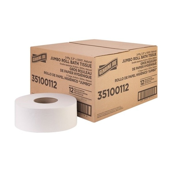 Genuine Joe Genuine Joe Bath Tissue Roll, Jumbo, 2-Ply, 3.3inx1000ft , 8.88inDia, WE, 12PK - GJO35100112