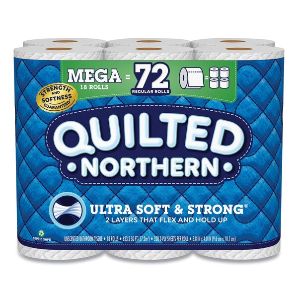 Quilted Northern Ultra Soft and Strong Bathroom Tissue, Mega Rolls, Septic Safe, 2-Ply, White, 328 Sheets/Roll, 18PK - 946325/94475501