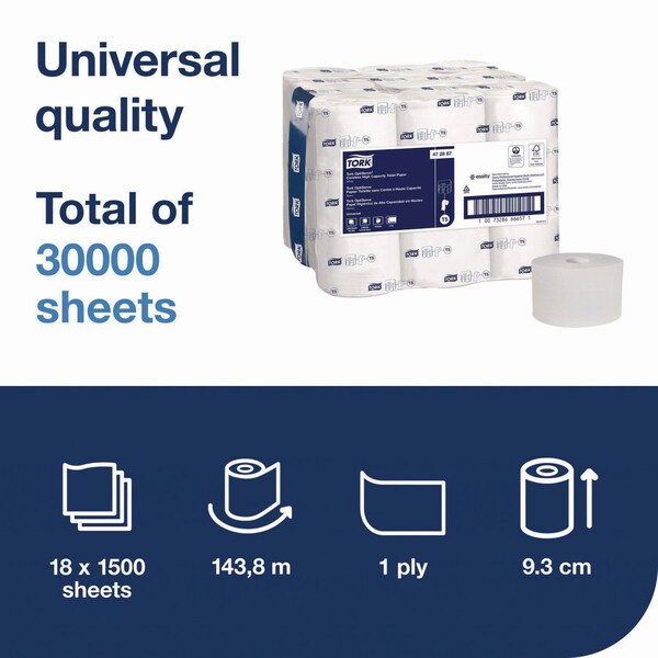Tork OptiServe High-Capacity Coreless Toilet Paper, 2-Ply, White, 1,500 Sheets, 18PK - 472887