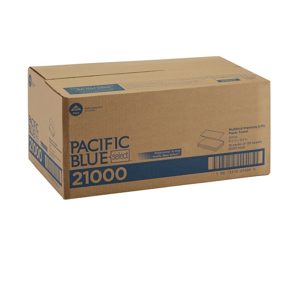 Georgia-Pacific Pacific Blue Select Multifold Paper Towels, 2 Ply, 125 Sheets, White, 16 PK - 21000
