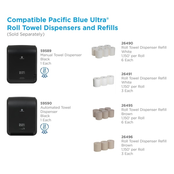 Georgia-Pacific Pacific Blue Ultra Hardwound Paper Towels, 1 Ply, Continuous Roll Sheets, 1150 ft, Brown, 6 PK - 26495
