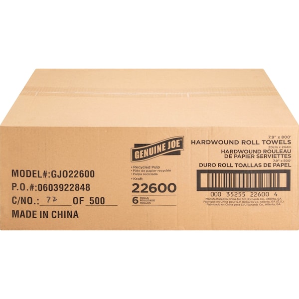 Genuine Joe SKILCRAFT Hardwound Paper Towels, 1 Ply, Continuous Roll Sheets, 800 ft, Natural, 6 PK - GJO22600