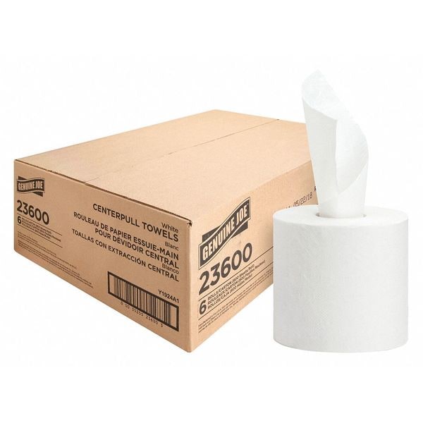 Genuine Joe Center Pull Paper Towels, 2 Ply, 7 7/8 in x 10 in Sheet Size, 600 Sheets/Roll, White, 6 Pack - GJO23600