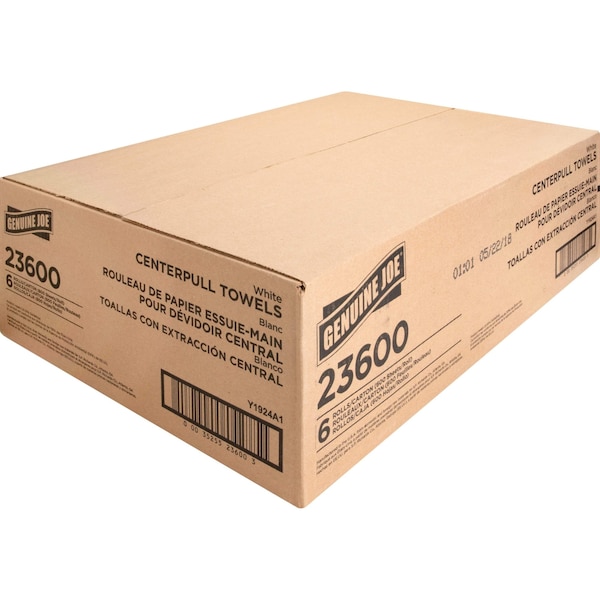 Genuine Joe Center Pull Paper Towels, 2 Ply, 7 7/8 in x 10 in Sheet Size, 600 Sheets/Roll, White, 6 Pack - GJO23600