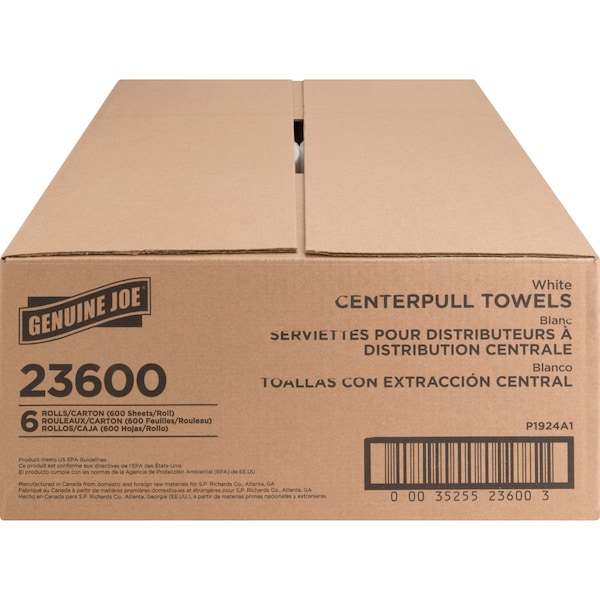 Genuine Joe Center Pull Paper Towels, 2 Ply, 7 7/8 in x 10 in Sheet Size, 600 Sheets/Roll, White, 6 Pack - GJO23600