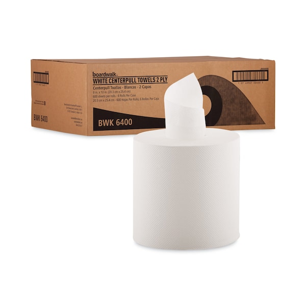 Boardwalk Centerpull Paper Towel, 2 Ply, 600 Sheets, 500 ft, White, 6 PK - B6400