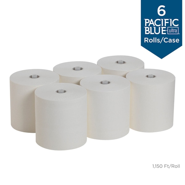 Georgia-Pacific Pacific Blue Ultra Hardwound Paper Towels, 1 Ply, Continuous Roll Sheets, 1150 ft, White, 6 PK - 26490