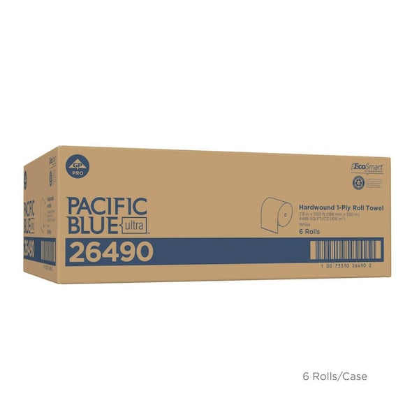Georgia-Pacific Pacific Blue Ultra Hardwound Paper Towels, 1 Ply, Continuous Roll Sheets, 1150 ft, White, 6 PK - 26490
