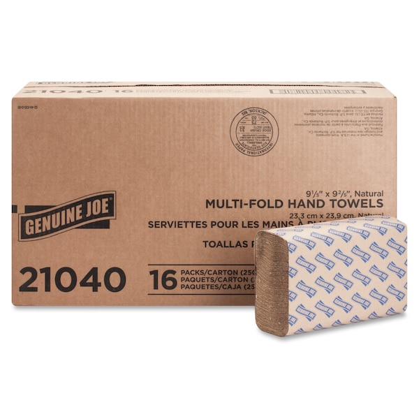 Genuine Joe Genuine Joe Multifold Paper Towels, 1 Ply, 250 Sheets, Natural, 4000 PK - GJO21040