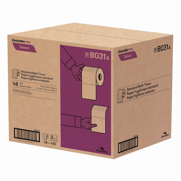 Cascades Pro Select Standard Bath Tissue, 2-Ply, White, 4 x 3.25, 420 Sheets, 48PK - B031