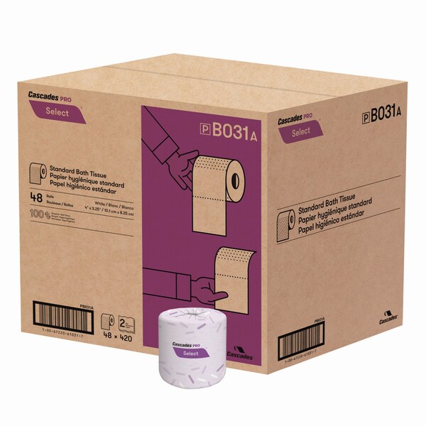 Cascades Pro Select Standard Bath Tissue, 2-Ply, White, 4 x 3.25, 420 Sheets, 48PK - B031
