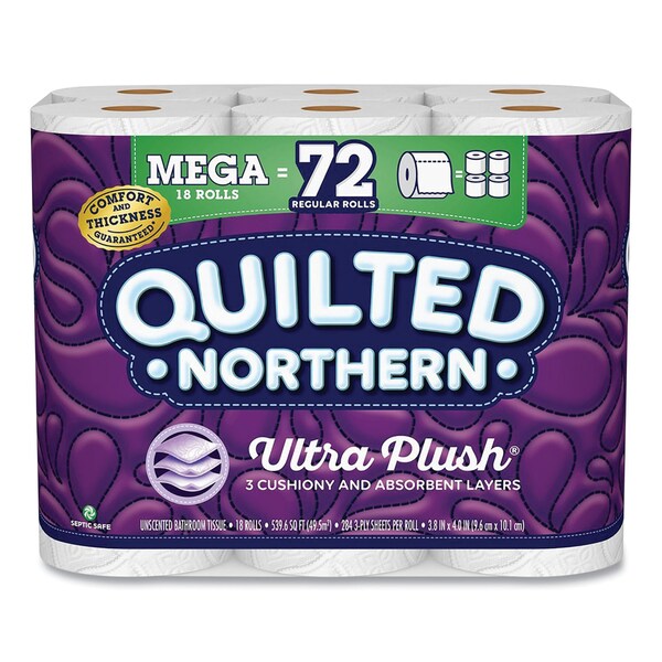 Quilted Northern Ultra Plush Bathroom Tissue, Mega Rolls, Septic Safe, 3-Ply, White, 284 Sheets/Roll, 18PK - 876045/874685