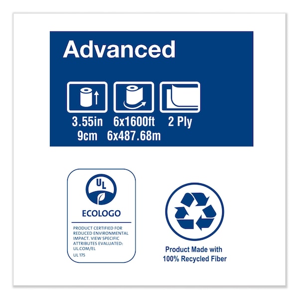 Tork Advanced Jumbo Bath Tissue, Septic Safe, 2-Ply, White, 3.48in x 1,600 ft, 6PK - 12021502