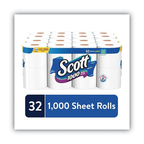 Scott Bathroom Tissue, Septic Safe, 1-Ply, White, 1,000 Sheet/Roll, 32PK - 49209