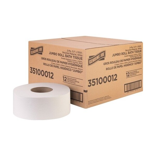 Genuine Joe Genuine Joe Bath Tissue Roll, Jumbo, 2-Ply, 3.5inx1000ft , 8.88inDia, WE, 12PK - GJO35100012