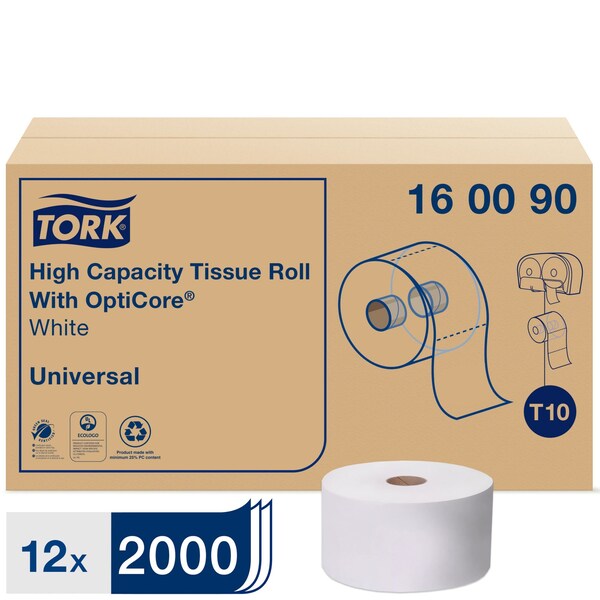 Tork Tork OptiCore Mid-size Toilet Paper Roll White T10, Universal, 2-ply, 12 x 2000 sheets, 160090 - 160090