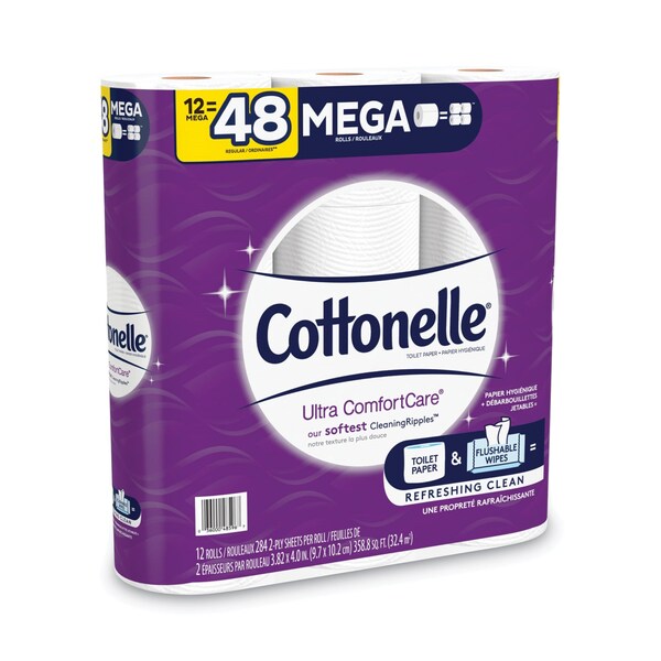 Cottonelle Ultra ComfortCare Toilet Paper, Soft Tissue, Mega Rolls, Septic Safe, 2 Ply, White 284 Sheets, 12PK - 54165/55494