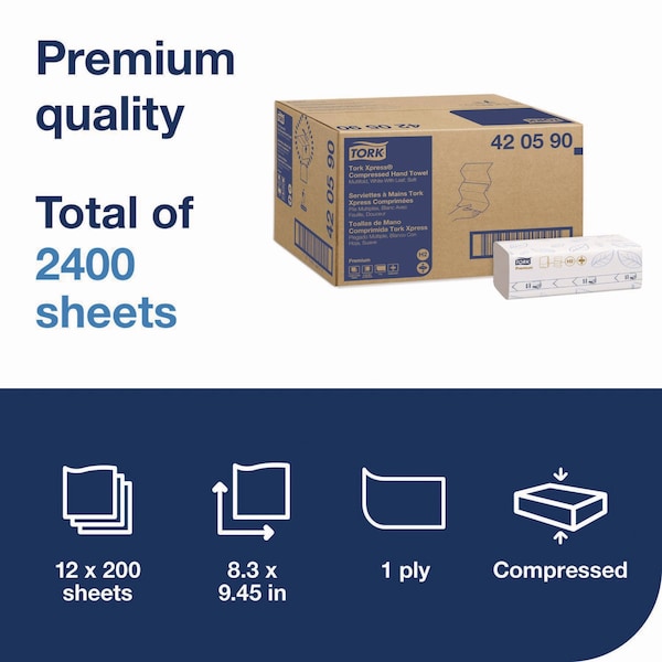 Tork Xpress Compressed Multifold Hand Towels, 1-Ply, 8.3 x 9.45, White, 200 Towels, 12PK - 420590