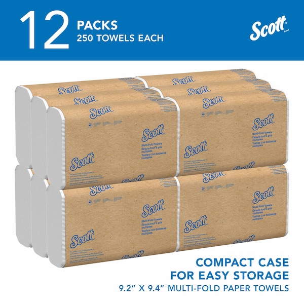 Kimberly-Clark Professional Multifold Paper Towels, 9.2" x 9.4" sheets, White, Compact Case (250 Sheets/Pack, 12 Packs/Case) - 03650