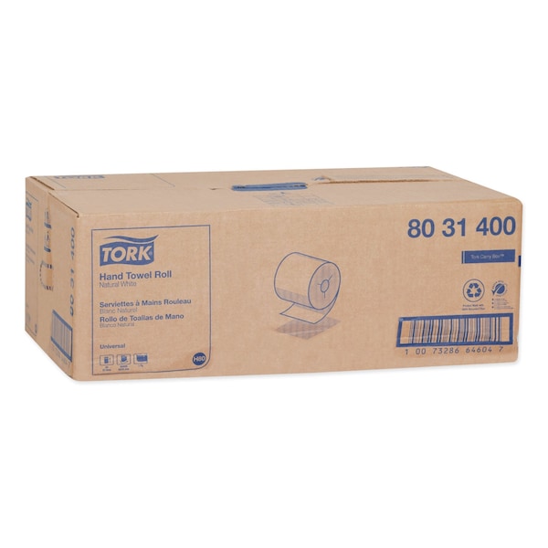 Tork Universal Hand Towel Roll, Notched, 1-Ply, 8in x 800 ft, Natural White, 6PK - 8031400