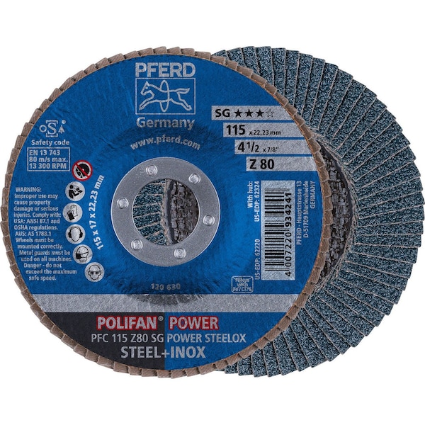 Pferd 62220 4-1/2in x 7/8in Disco de láminas POLIFAN - Cónico SG Zirconia 80G - 62220-PFERD