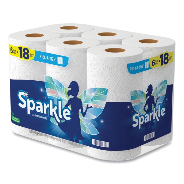 Sparkle Pick-A-Size Perforated Kitchen Triple Roll Towels, 2-Ply, 11 x 6, White, 165 Sheets/Roll, 6PK - 22306503/7503