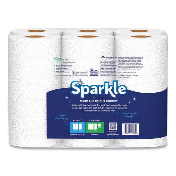 Sparkle Pick-A-Size Perforated Kitchen Triple Roll Towels, 2-Ply, 11 x 6, White, 165 Sheets/Roll, 6PK - 22306503/7503