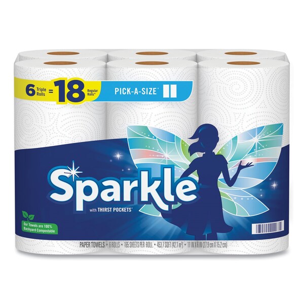 Sparkle Pick-A-Size Perforated Kitchen Triple Roll Towels, 2-Ply, 11 x 6, White, 165 Sheets/Roll, 6PK - 22306503/7503