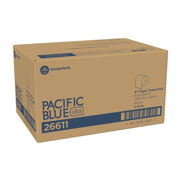 Georgia-Pacific Pacific Blue Ultra Hardwound Paper Towels, 1 Ply, Continuous Roll Sheets, 500 ft, Brown, 6 PK - 26611