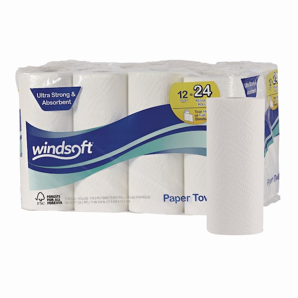 Windsoft Perforated Roll Paper Towels, 2 Ply, 2 Sheets, 55 ft, White, 12 PK - 418231