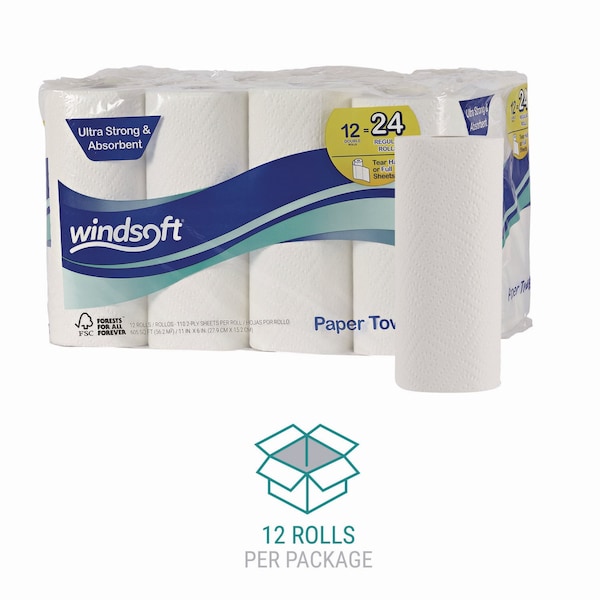 Windsoft Perforated Roll Paper Towels, 2 Ply, 2 Sheets, 55 ft, White, 12 PK - 418231