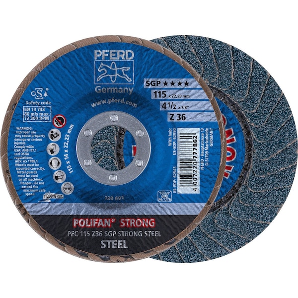 Disco de láminas PFERD 62945 4-1/2 pulgadas x 7/8 pulgadas POLIFAN-STRONG SGP Cónico de Zirconia 36G - 62945-PFERD