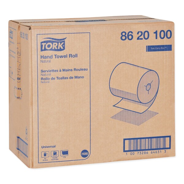 Tork Universal Hand Towel Roll, Notched, 1-Ply, 8in x 425 ft, Natural, 12PK - 8620100