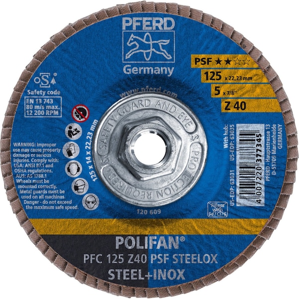 Pferd 63035 5in x 5/8-11 Disco de láminas POLIFAN - Cónico PSF Zirconia 40G - 63035-PFERD