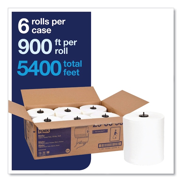Tork Advanced Matic Hand Towel Roll, 1-Ply, 7.7in x 900 ft, White, 6PK - 290095