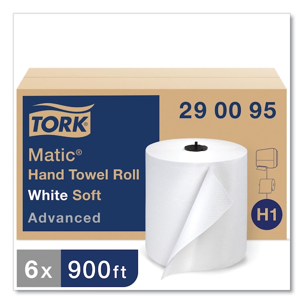 Tork Advanced Matic Hand Towel Roll, 1-Ply, 7.7in x 900 ft, White, 6PK - 290095