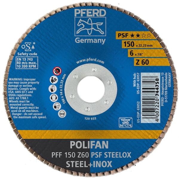 Disco de láminas POLIFAN P450-ZF 60G de 6 pulgadas x 7/8 pulgadas - 63052-PFERD