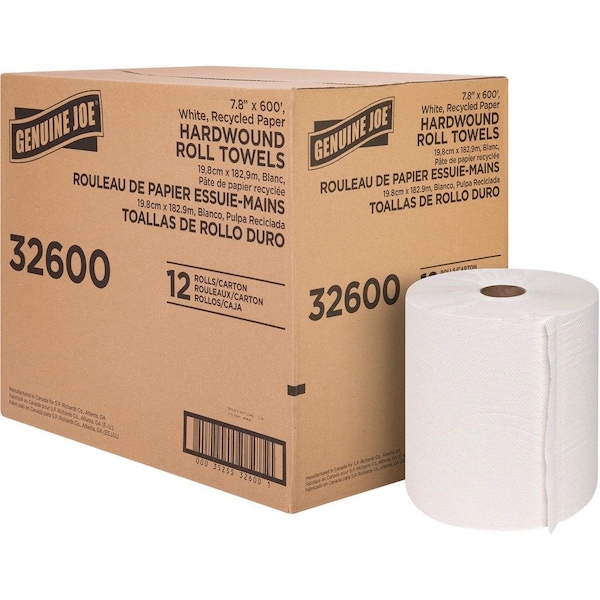 Genuine Joe Embossed Hardwound Roll Towels - 7.88in x 600' - White, 12PK - GJO32600