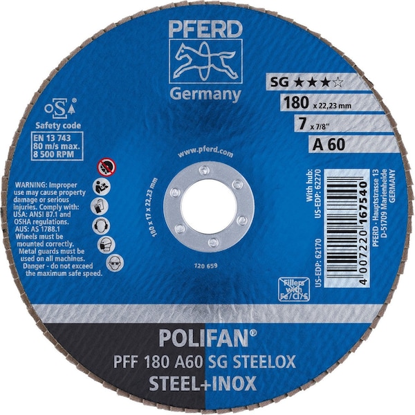 Disco de láminas Polifan de óxido de aluminio plano SG de 7 pulgadas x 7/8 pulgadas - Grano 60G - 62170-PFERD